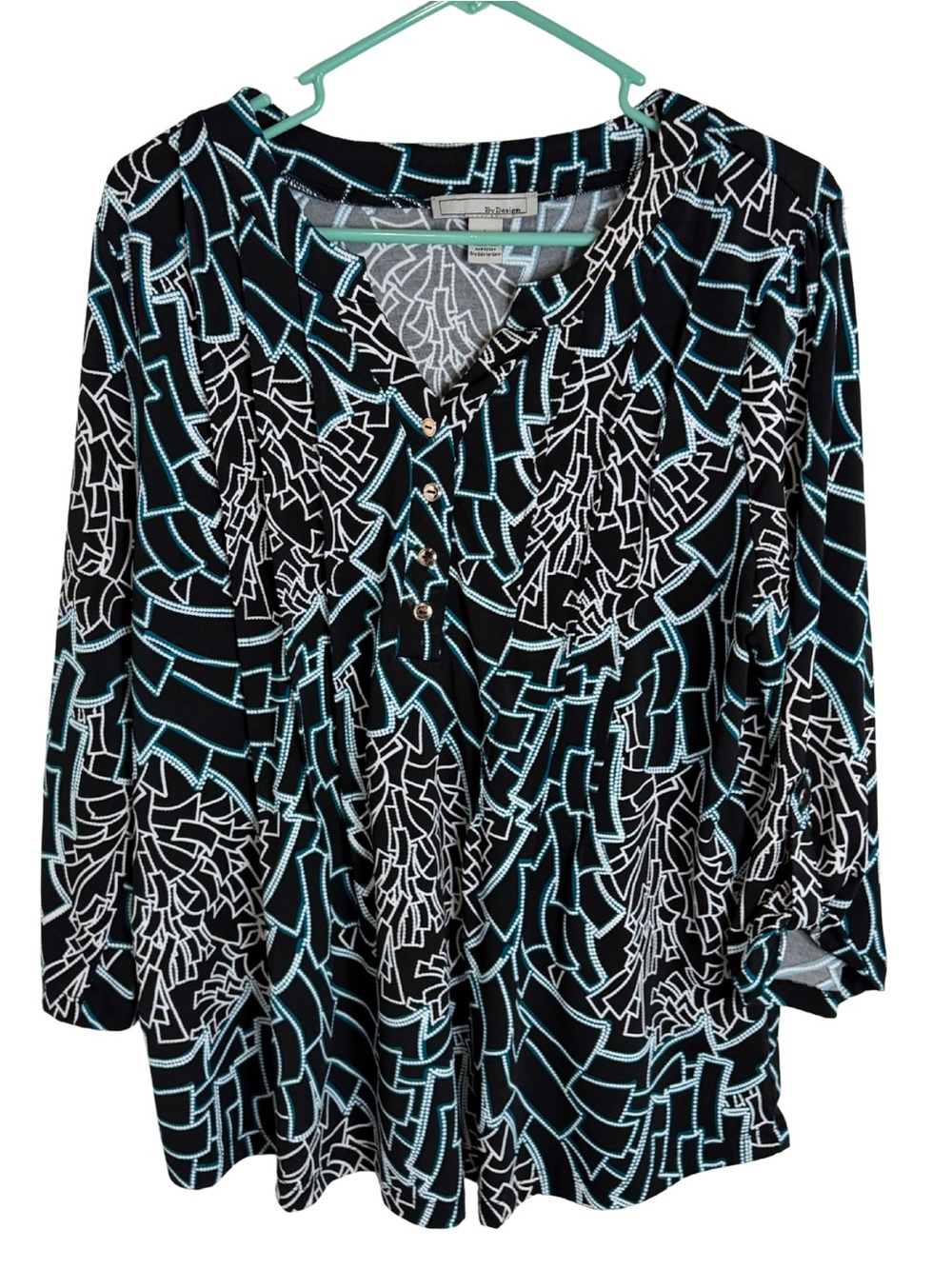 By Design Women's Black, Teal & White Printed 3/4 Sleeve Blouse Size Large